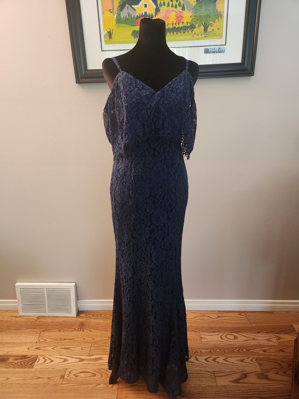 Lulus Navy Blue Lace Off-Shoulder Evening Dress
